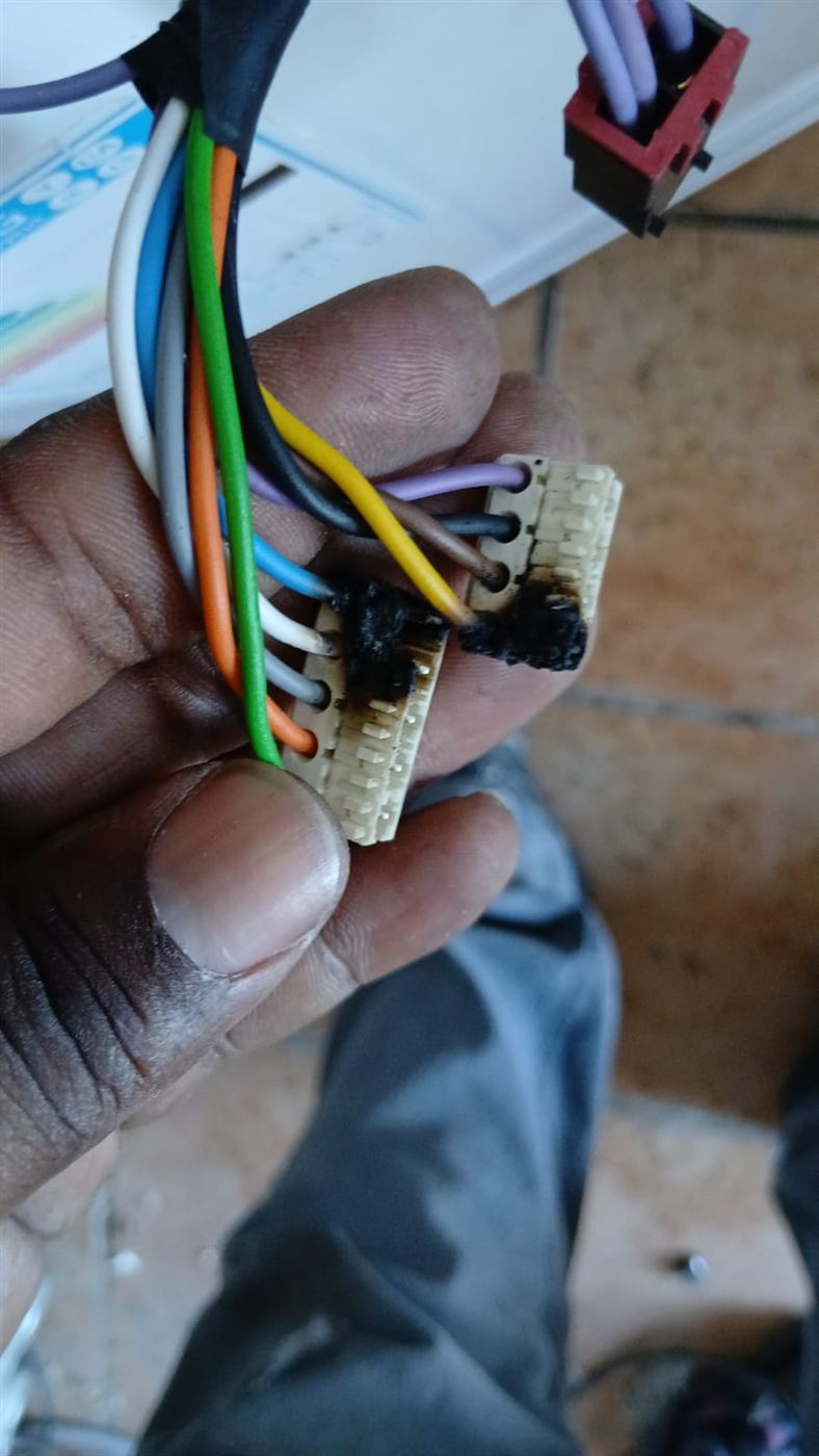 Burnt wiring connectors found inside a Defy dishwasher in Kempton Park